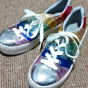 🌈SKECHERS Rainbow Shiny Platform Sneakers Sz 9